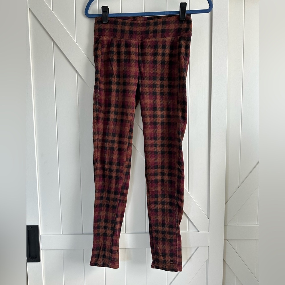 EUC Women's Cuddl Duds Brown and Black Plaid Fleece Leggings Size Small